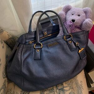 PRADA Metallic Blue Vitello Daino Shopping Tote